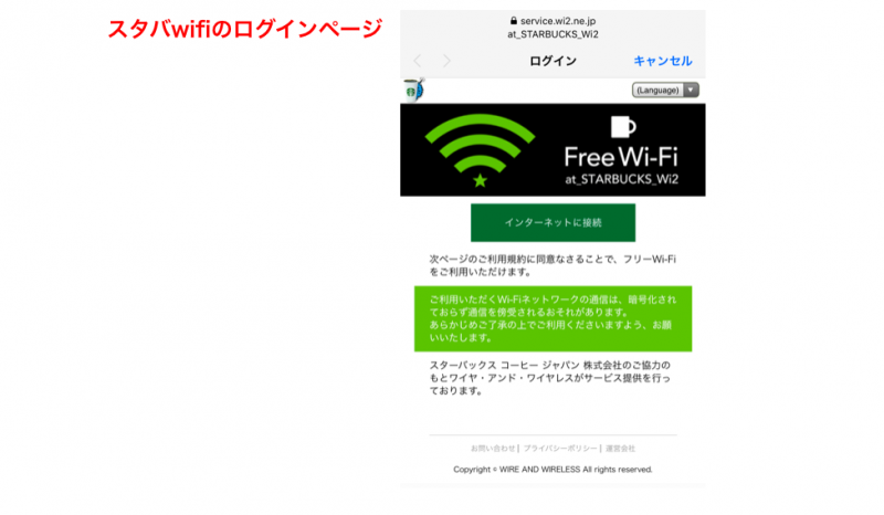 スタバwifiスマホでのログイン画面